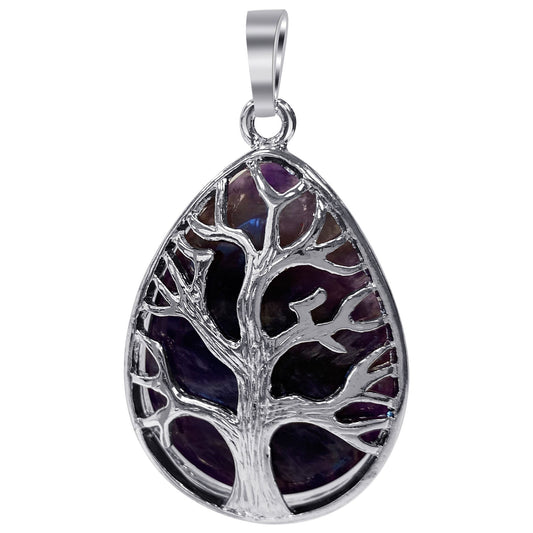 Silver Plated Tree of Life Purple Amethyst Gemstone Teardrop Pendant - Gem Avenue