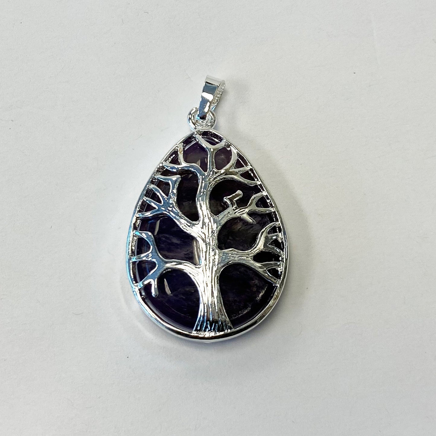 Silver Plated Tree of Life Purple Amethyst Gemstone Teardrop Pendant - Gem Avenue