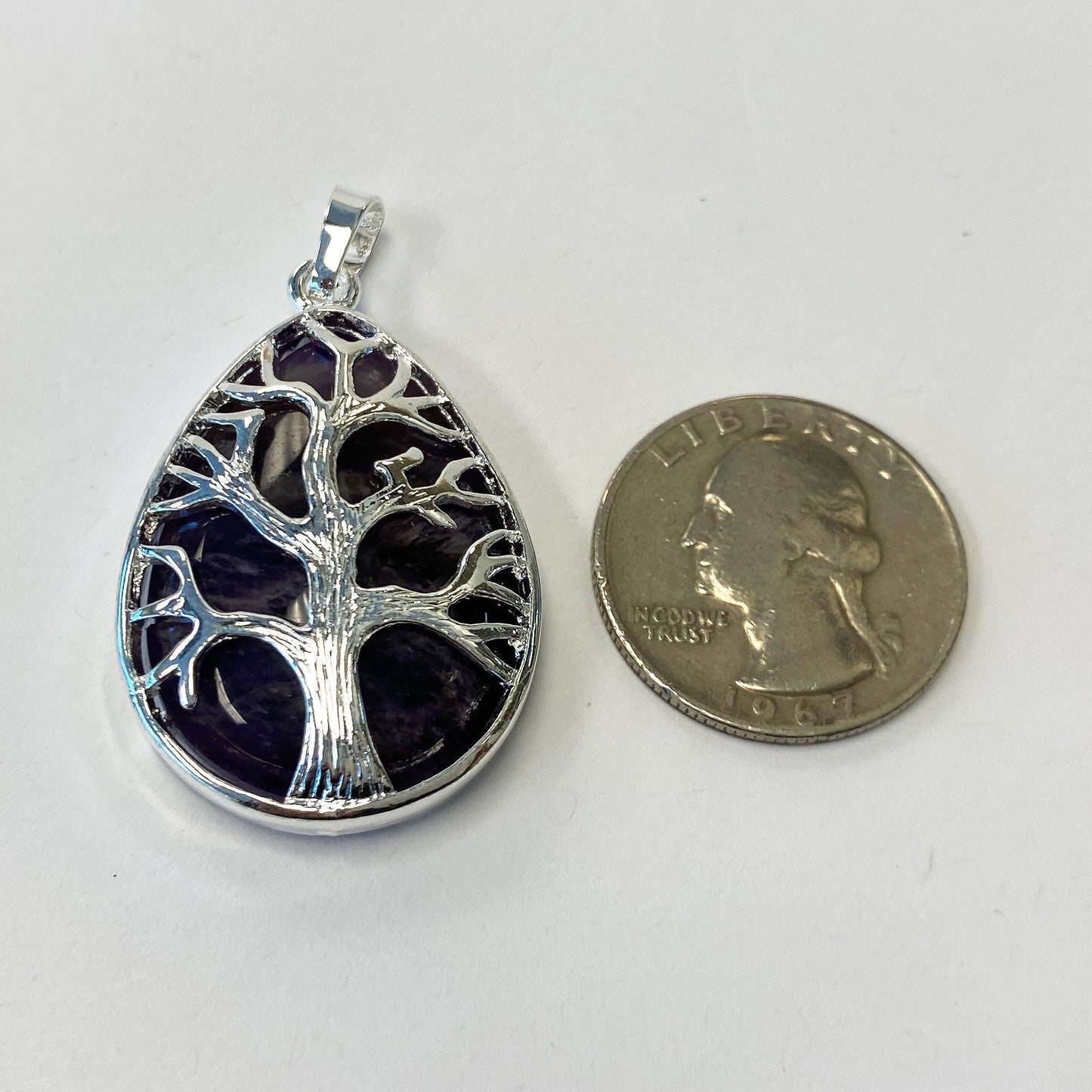 Silver Plated Tree of Life Purple Amethyst Gemstone Teardrop Pendant - Gem Avenue