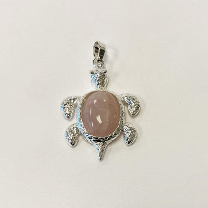 Silver Plated Rose Quartz Gemstone Turtle Fashion Pendant - Gem Avenue
