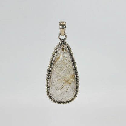 Golden Rutilated Quartz Teardrop Pendant in 925 Sterling Silver Natural Rutile Gemstone Jewelry - GP331