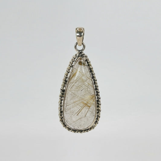 Golden Rutilated Quartz Teardrop Pendant in 925 Sterling Silver Natural Rutile Gemstone Jewelry - GP331
