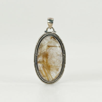 Golden Rutilated Quartz Oval Pendant in 925 Sterling Silver Natural Rutile Gemstone Necklace - GP332
