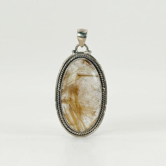 Golden Rutilated Quartz Oval Pendant in 925 Sterling Silver Natural Rutile Gemstone Necklace - GP332