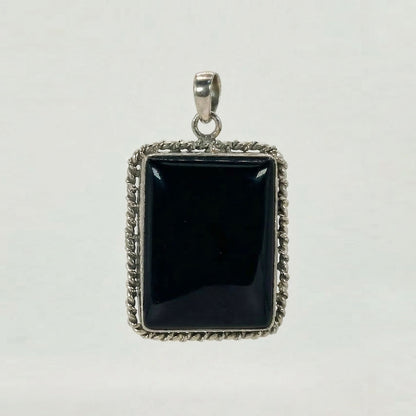 Black Onyx Square Pendant in 925 Sterling Silver Natural Black Gemstone Statement Necklace - GP333