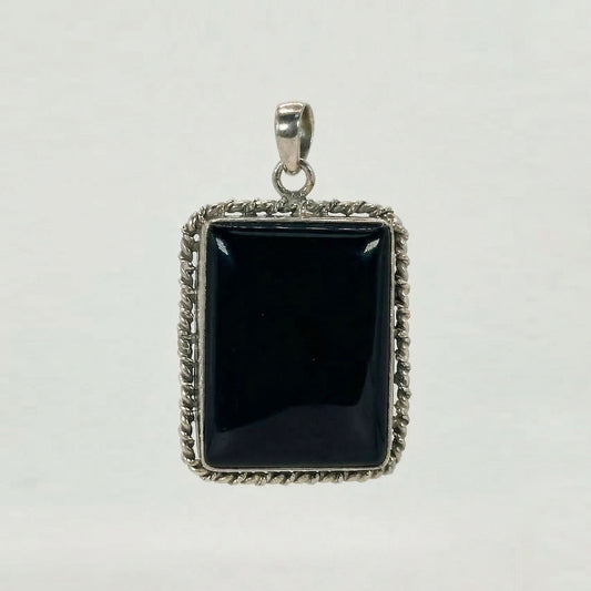 Black Onyx Square Pendant in 925 Sterling Silver Natural Black Gemstone Statement Necklace - GP333