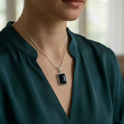 Black Onyx Square Pendant in 925 Sterling Silver Natural Black Gemstone Statement Necklace - GP333