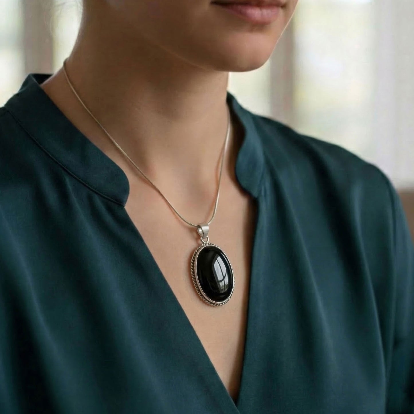 Black Onyx Oval Pendant in 925 Sterling Silver Natural Black Gemstone Minimalist Necklace - GP334