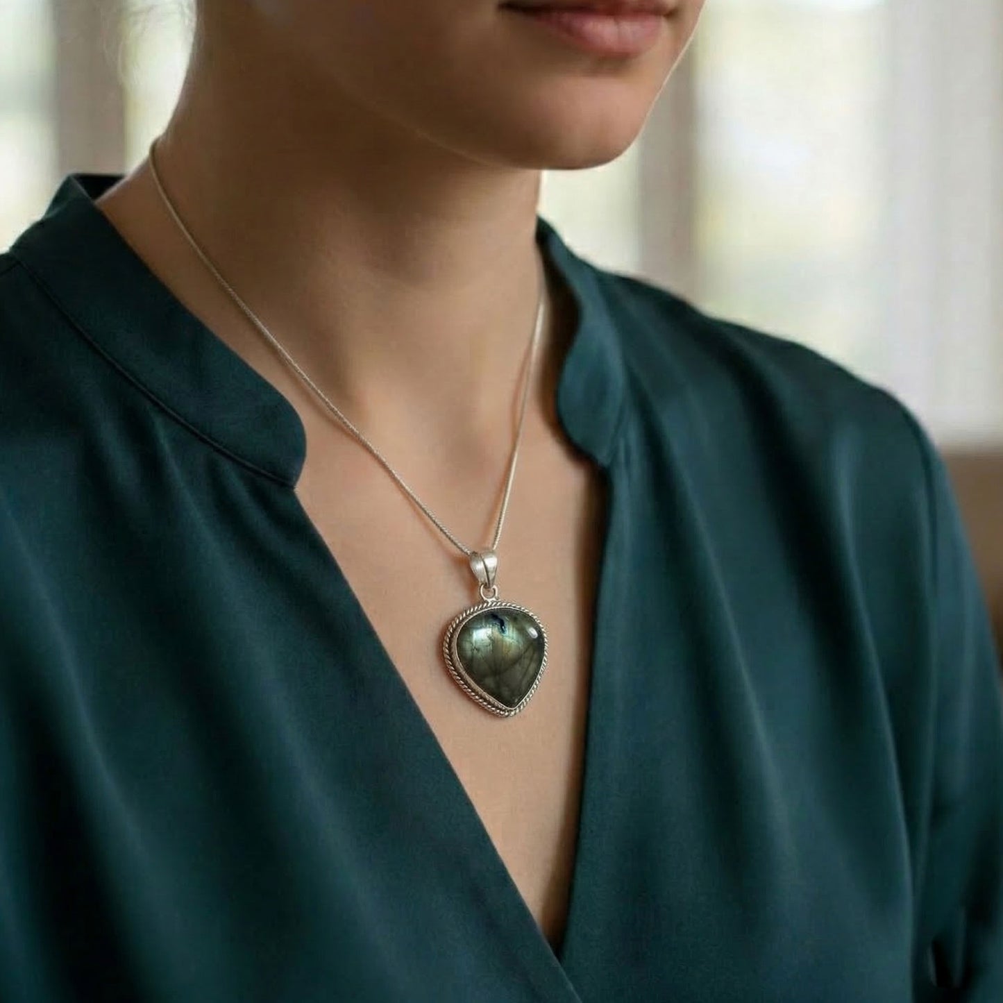 Labradorite Heart Pendant in 925 Sterling Silver Natural Flash Labradorite Gemstone Necklace - GP338