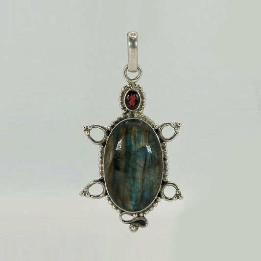 Labradorite and Garnet Turtle Pendant 925 Sterling Silver Artisan Gemstone Jewelry - GP339