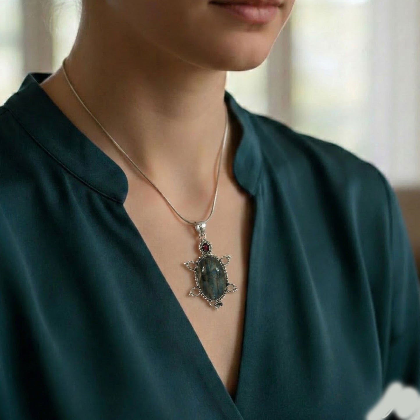 Labradorite and Garnet Turtle Pendant 925 Sterling Silver Artisan Gemstone Jewelry - GP339
