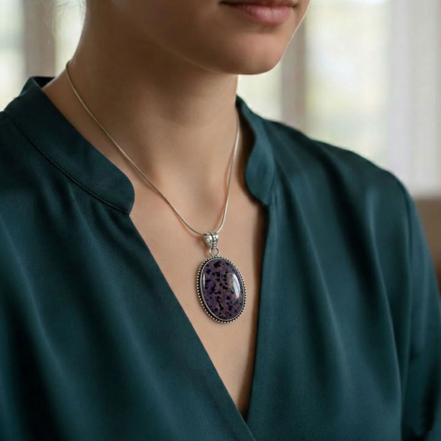 Purple Dalmation Jasper Pendant 925 Sterling Silver Artisan Oval Gemstone Jewelry - GP341