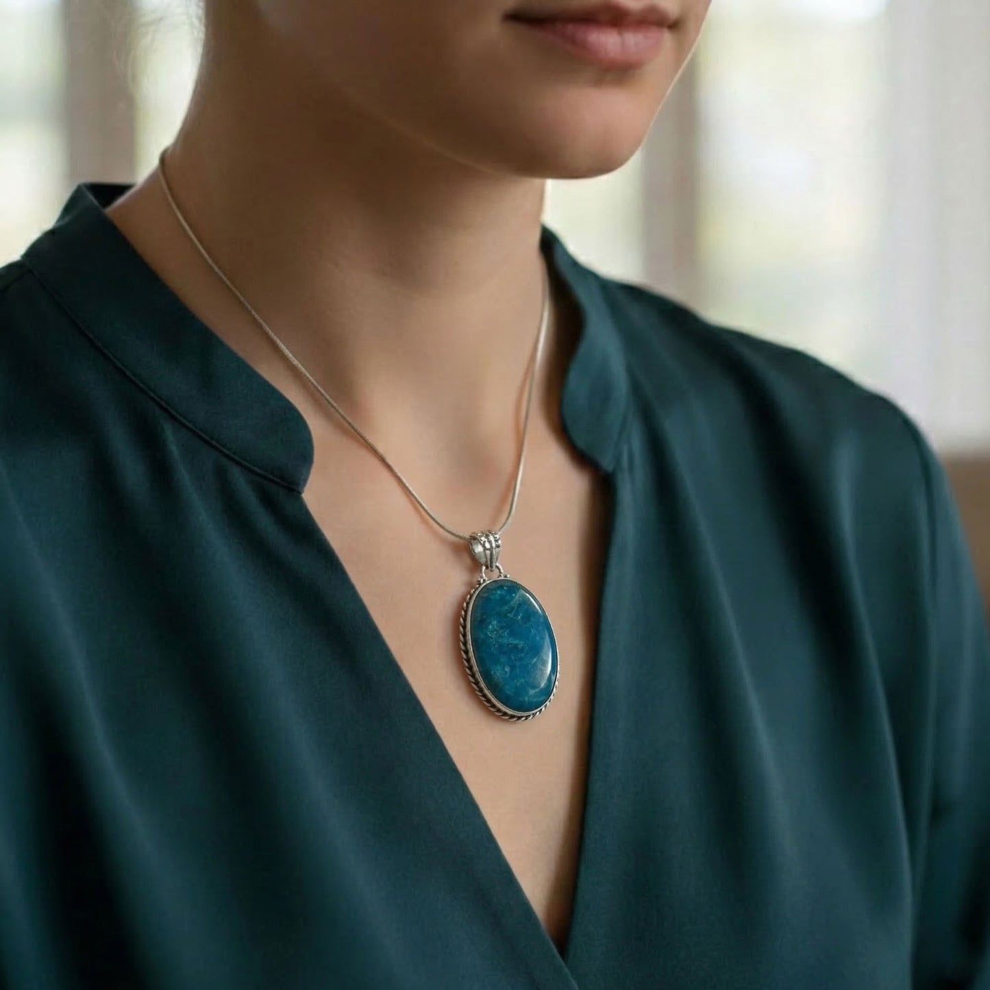 Blue Apatite Pendant 925 Sterling Silver Handcrafted Oval Gemstone Statement Piece - GP342