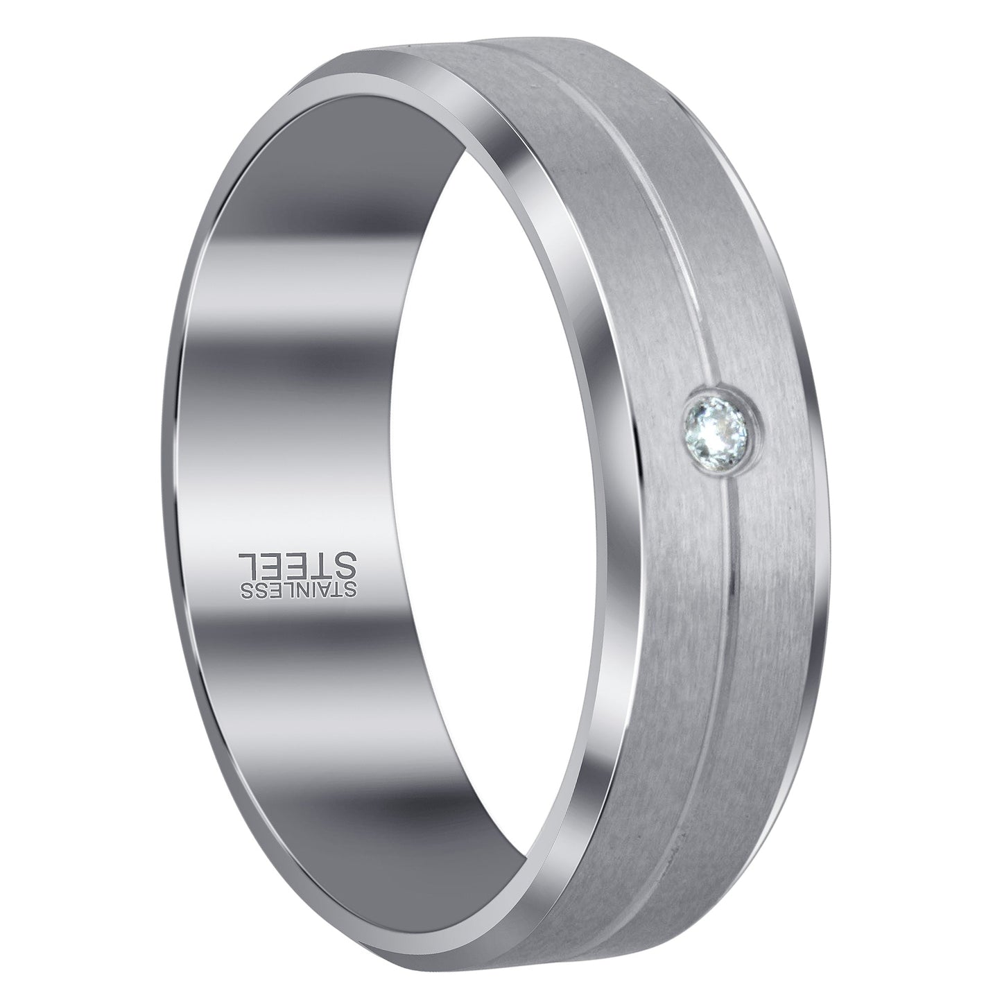 Men's 7mm Stainless Steel Comfort Fit Band with CZ Brushed Design
