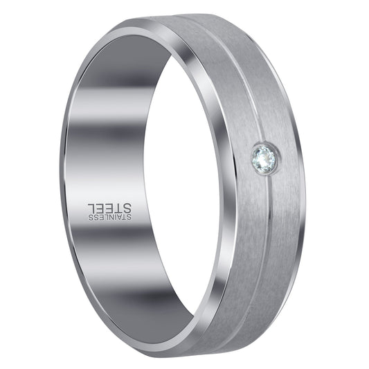 Men's 7mm Stainless Steel Comfort Fit Band with CZ Brushed Design