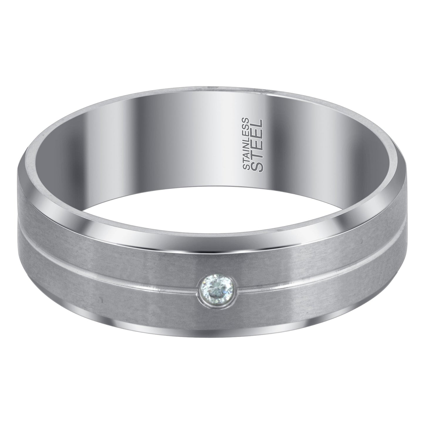 Men's 7mm Stainless Steel Comfort Fit Band with CZ Brushed Design