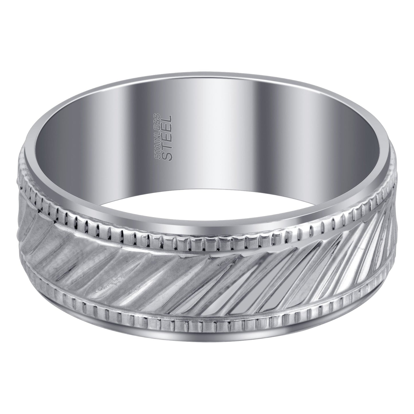 Men's 8mm Stainless Steel Band with Ribbed Design and Comfort Fit Size 9