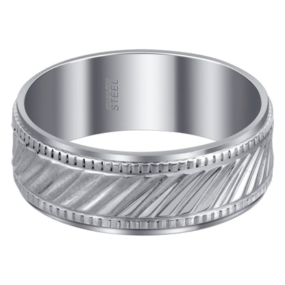 Men's 8mm Stainless Steel Band with Ribbed Design and Comfort Fit Size 9