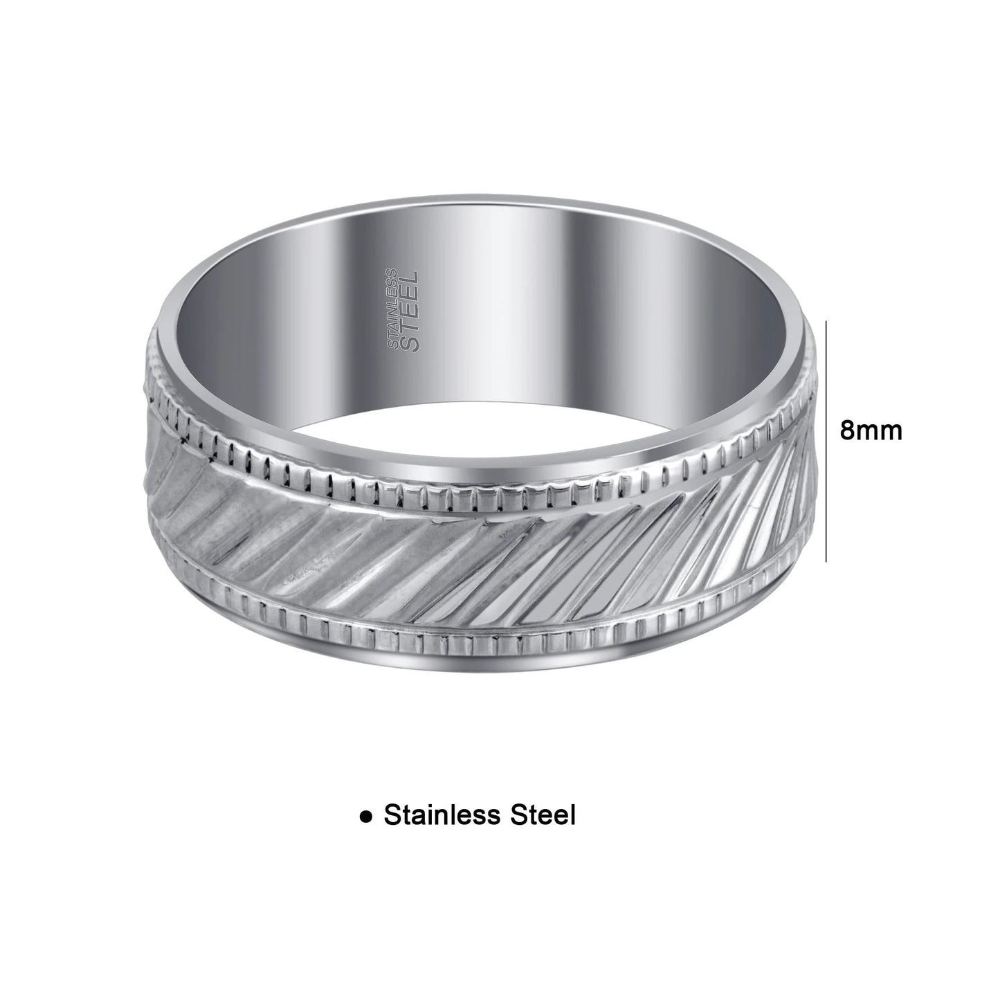 Men's 8mm Stainless Steel Band with Ribbed Design and Comfort Fit Size 9