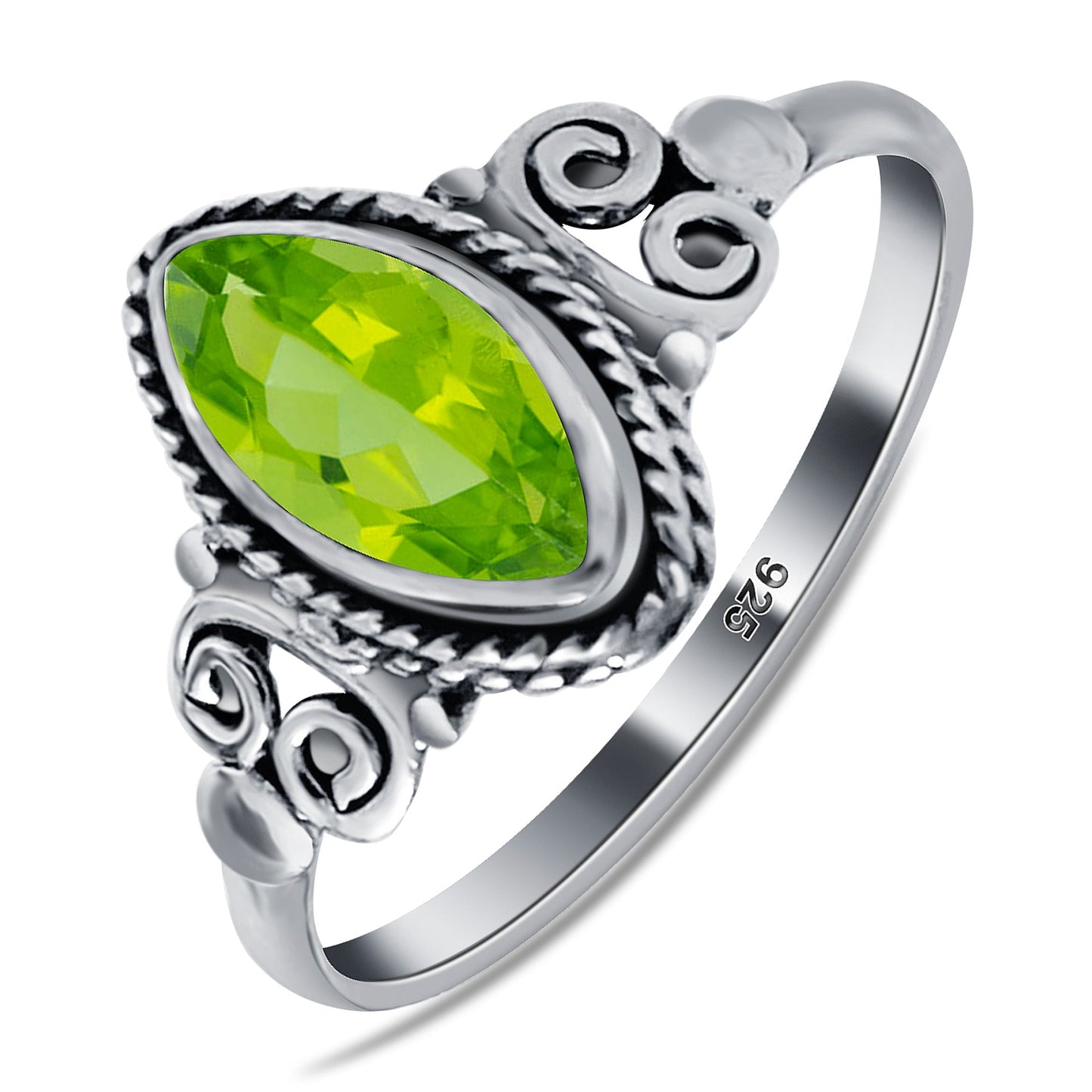 Marquise Shape Genuine Peridot Gemstone Ring in .925 Sterling Silver