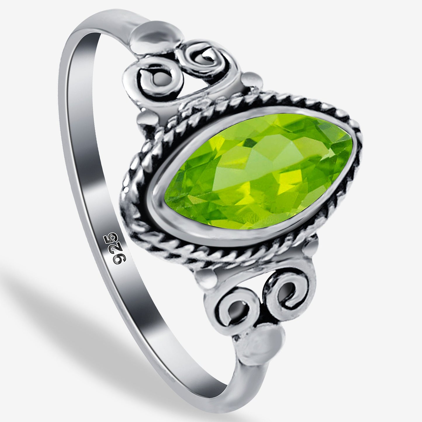 Marquise Shape Genuine Peridot Gemstone Ring in .925 Sterling Silver