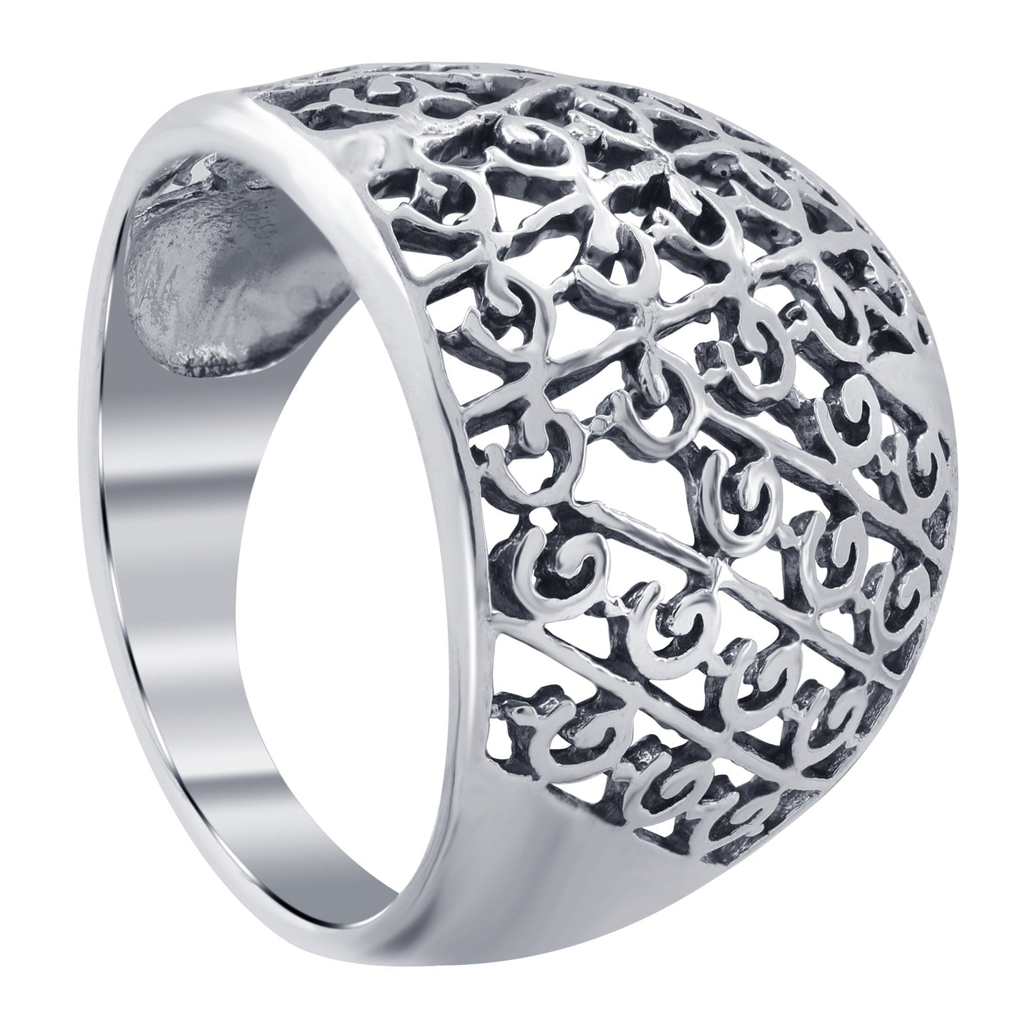 925 Sterling Silver High Polished Hollow Filigree Swirl Wide Ring - Gem Avenue