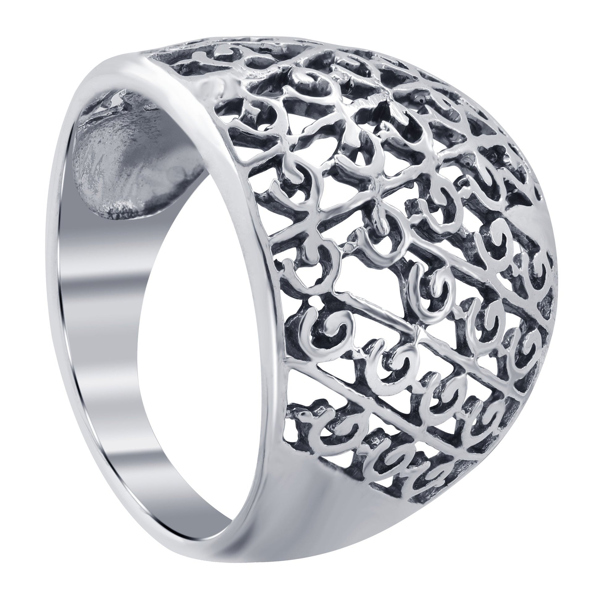 925 Sterling Silver High Polished Hollow Filigree Swirl Wide Ring - Gem Avenue