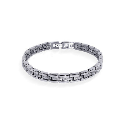 Magnetic Link Textured Silver Bracelet 7.5 " Long with Fold over Clasp - Gem Avenue