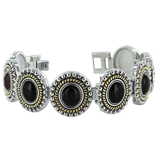 Silver Tone Oval Black Onyx Magnetic Link Bracelet 7.25 inch - Gem Avenue