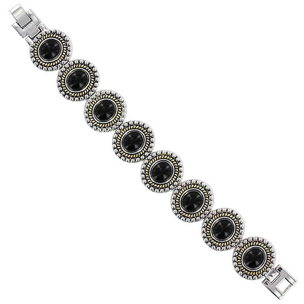 Silver Tone Oval Black Onyx Magnetic Link Bracelet 7.25 inch - Gem Avenue