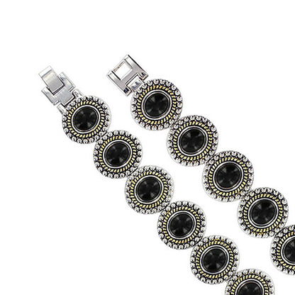 Silver Tone Oval Black Onyx Magnetic Link Bracelet 7.25 inch - Gem Avenue