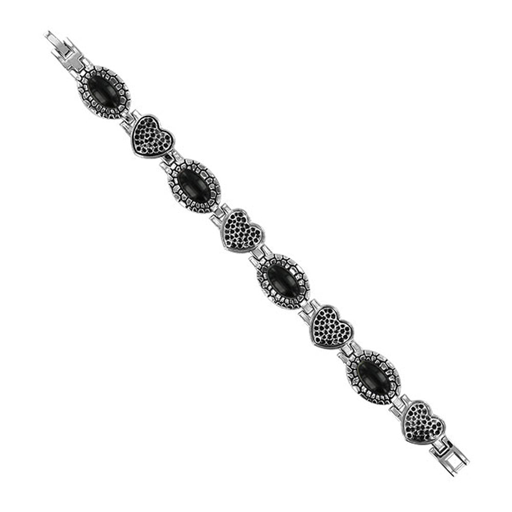 Black Oval and Heart 14mm Magnetic Link Bracelet 7 inch Long - Gem Avenue