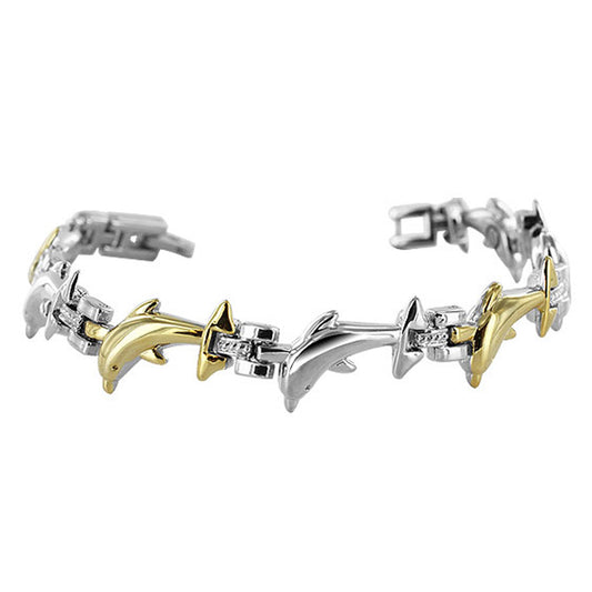 11mm wide Two Tone Adorable Dolphin Magnetic Link Bracelet 7 inch Long - Gem Avenue