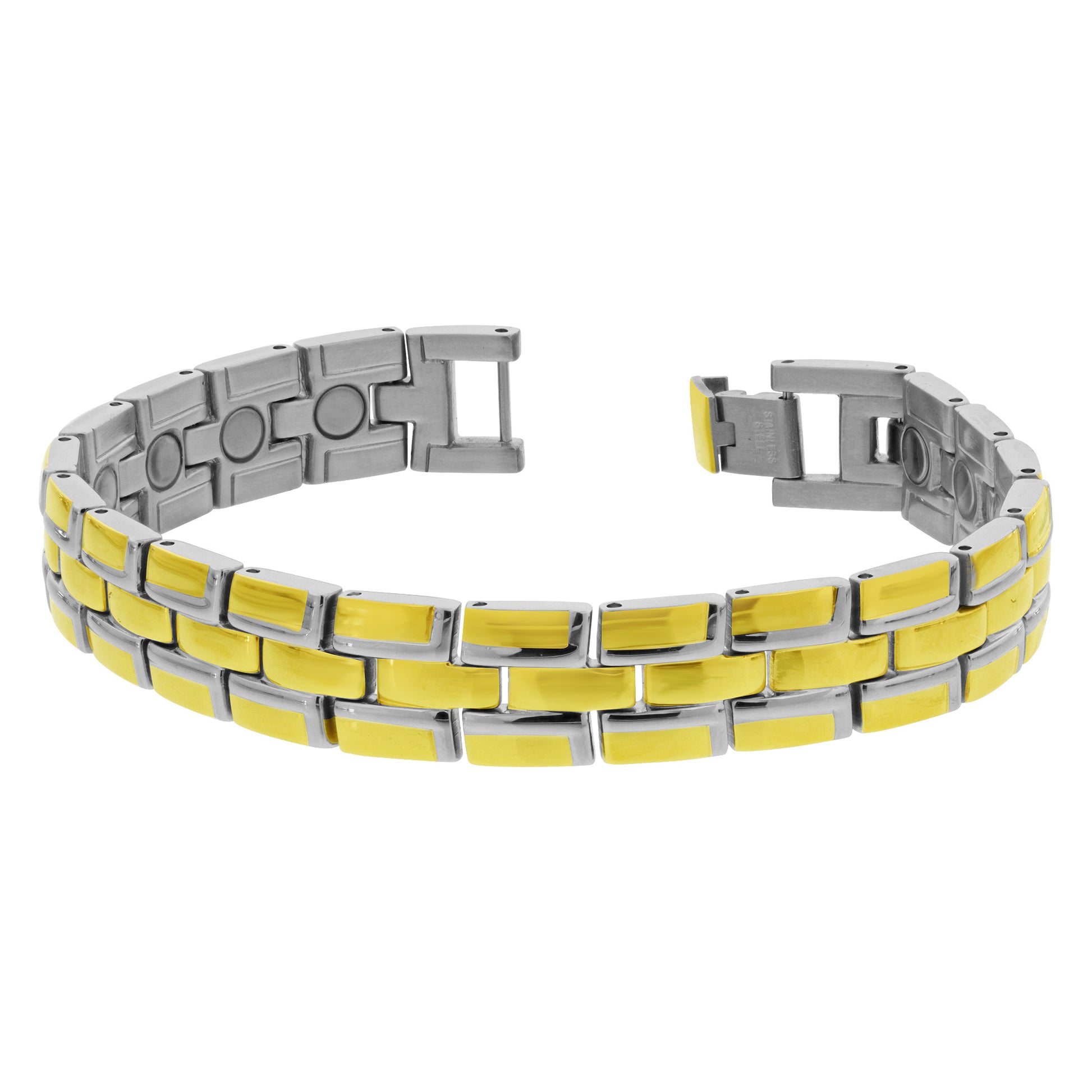Gold Tone Finish Stainless Steel 12 MM Magnetic Link Bracelet  with Fold over Clasp - Gem Avenue