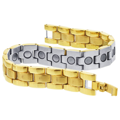 12 MM Wide Gold Tone Stainless Steel Magnetic Link Bracelet Long with Fold over Clasp - Gem Avenue