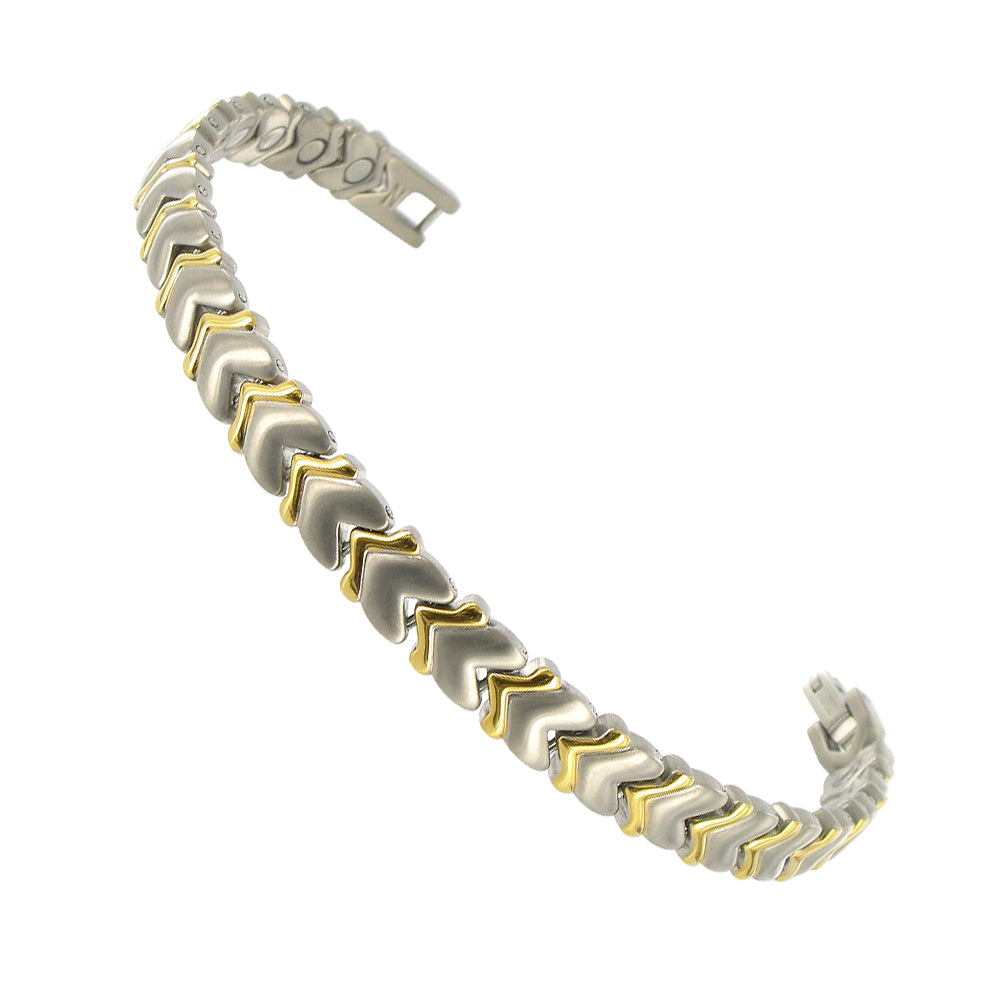 Heart Titanium Magnetic Therapy Two Tone Link Bracelet 7.5 Inch Long - Gem Avenue