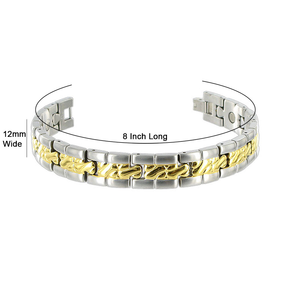 Titanium 12mm Wide Mens Two Tone Magnetic Link Bracelet 8 inch Long with Fold over Clasp - Gem Avenue