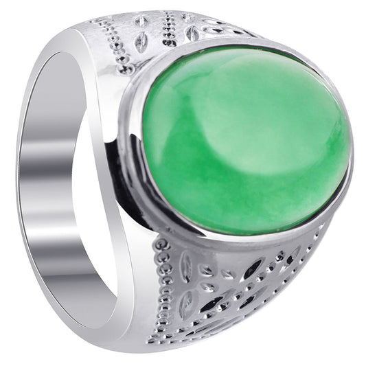 Men's Silver Plated on Copper Oval Green Nephrite Gemstone Ring