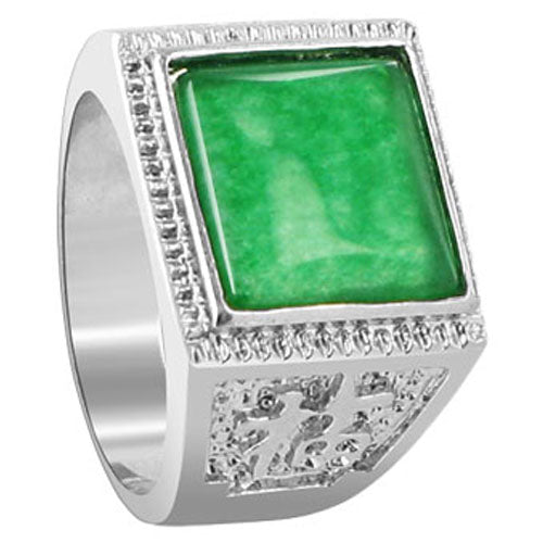 Men's Silver Plated Green Nephrite Gemstone Square Shape Ring