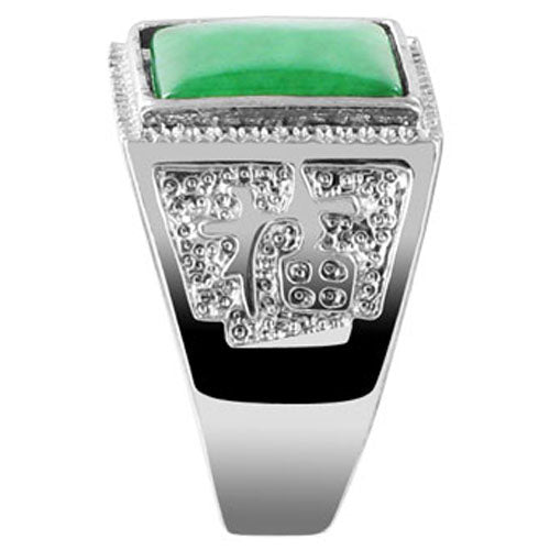 Men's Silver Plated Green Nephrite Gemstone Square Shape Ring