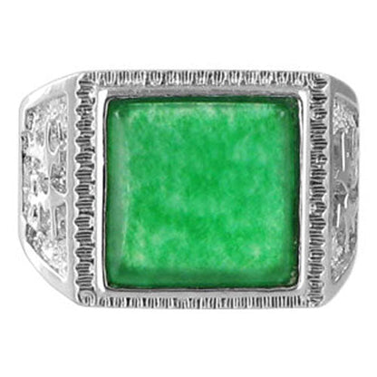 Men's Silver Plated Green Nephrite Gemstone Square Shape Ring