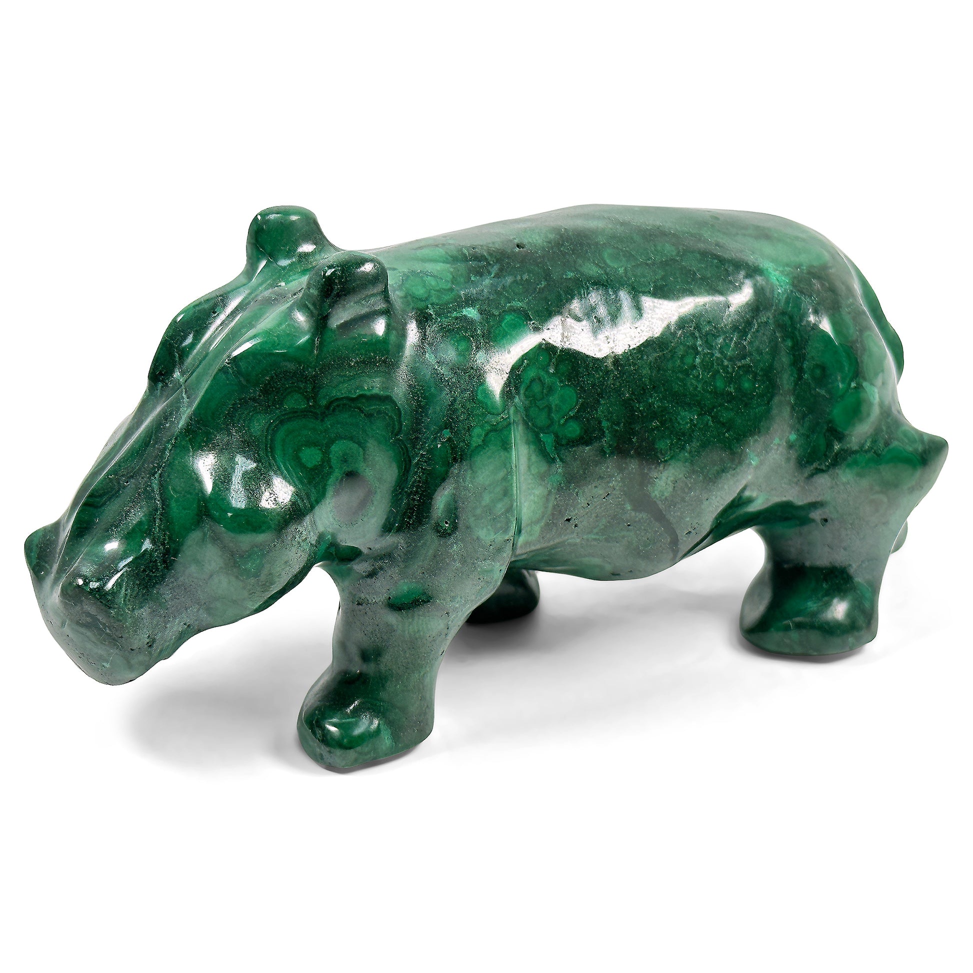Hand-Carved Malachite Hippopotamus Gemstone Carving - Gem Avenue