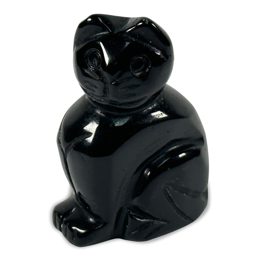 Hand-Carved Black Obsidian Cat Gemstone Animal Carving - Gem Avenue