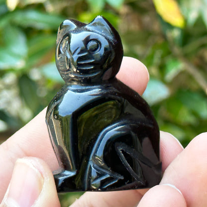 Hand-Carved Black Obsidian Cat Gemstone Animal Carving