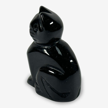 Hand-Carved Black Obsidian Cat Gemstone Animal Carving - Gem Avenue