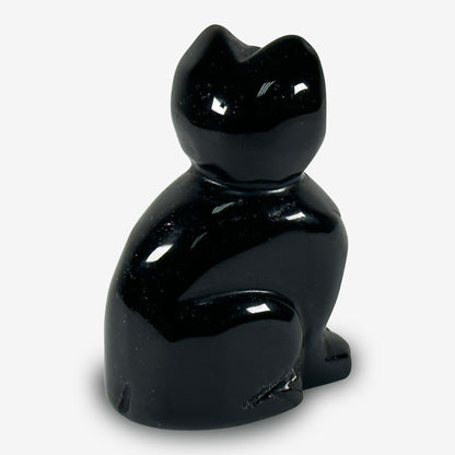 Hand-Carved Black Obsidian Cat Gemstone Animal Carving - Gem Avenue