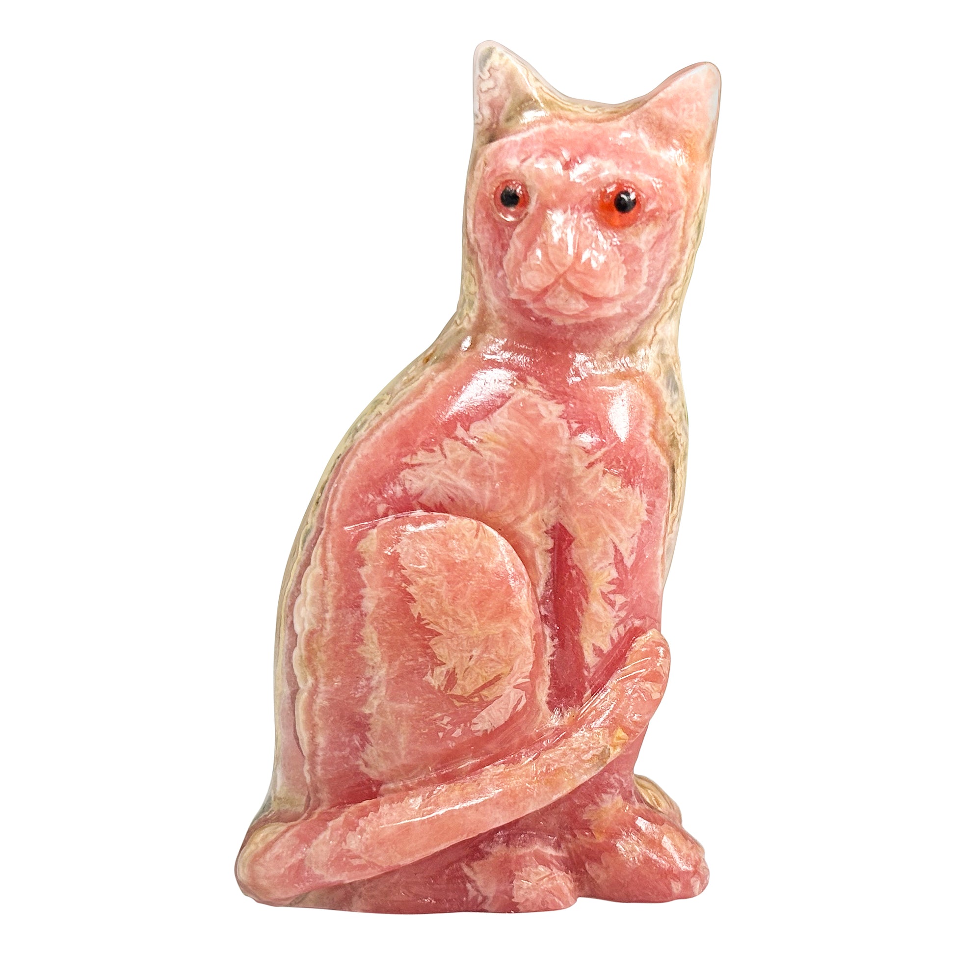 Hand-Carved Rhodochrosite Cat Gemstone Animal Carving - Gem Avenue