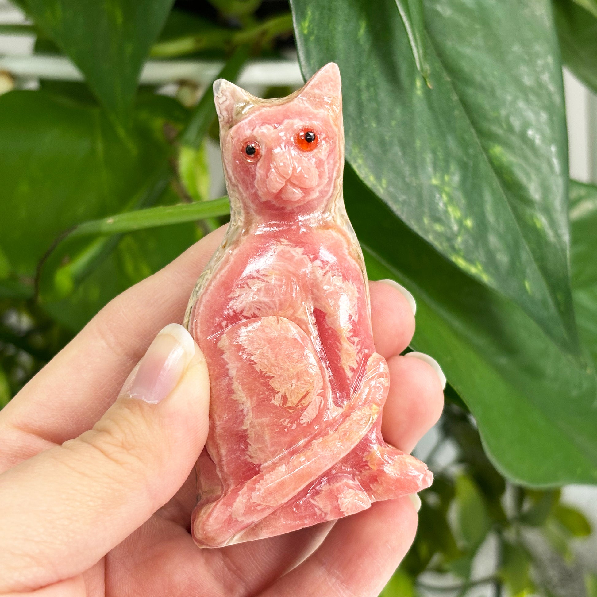 Hand-Carved Rhodochrosite Cat Gemstone Animal Carving - Gem Avenue