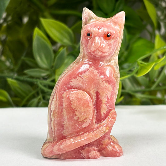 Hand-Carved Rhodochrosite Cat Gemstone Animal Carving - Gem Avenue