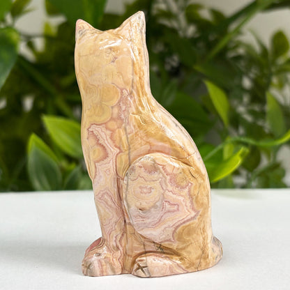 Hand-Carved Rhodochrosite Cat Gemstone Animal Carving - Gem Avenue